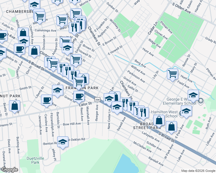 map of restaurants, bars, coffee shops, grocery stores, and more near 703 William Street in Trenton