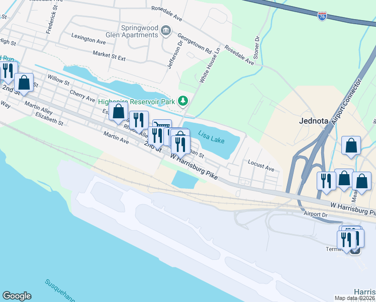 map of restaurants, bars, coffee shops, grocery stores, and more near 112 Park Drive in Middletown