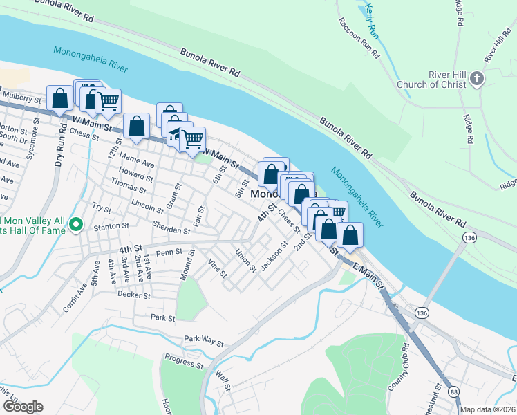 map of restaurants, bars, coffee shops, grocery stores, and more near 415 Chess Street in Monongahela