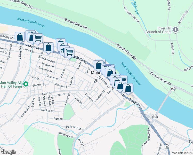 map of restaurants, bars, coffee shops, grocery stores, and more near 415 Chess Street in Monongahela