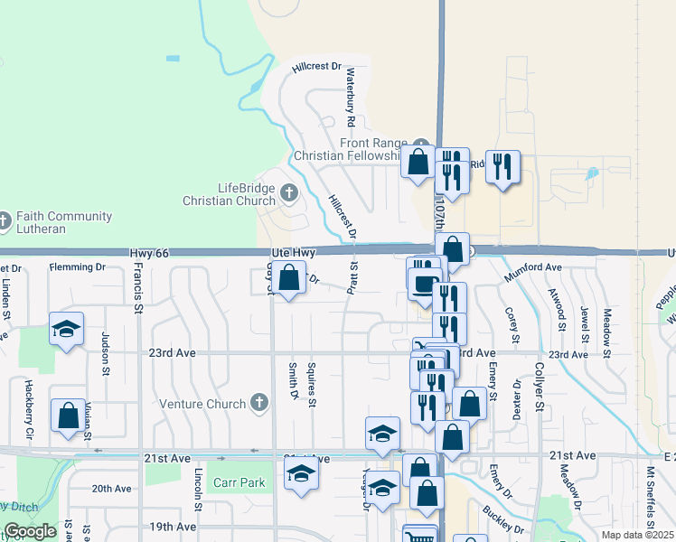 map of restaurants, bars, coffee shops, grocery stores, and more near 2444 Scott Court in Longmont