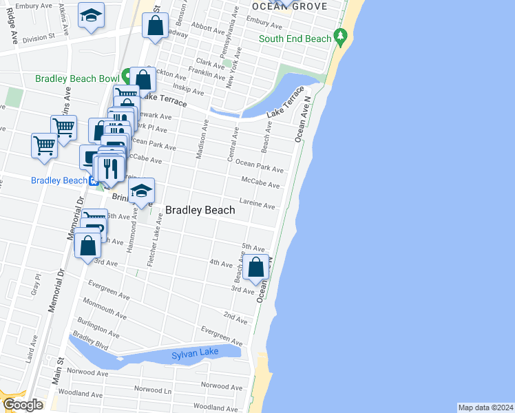 map of restaurants, bars, coffee shops, grocery stores, and more near 702 Beach Avenue in Bradley Beach
