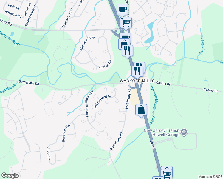 map of restaurants, bars, coffee shops, grocery stores, and more near 2 White Oak Court in Howell Township