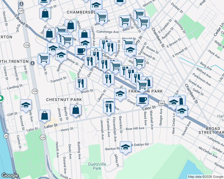 map of restaurants, bars, coffee shops, grocery stores, and more near 184 Liberty Street in Trenton