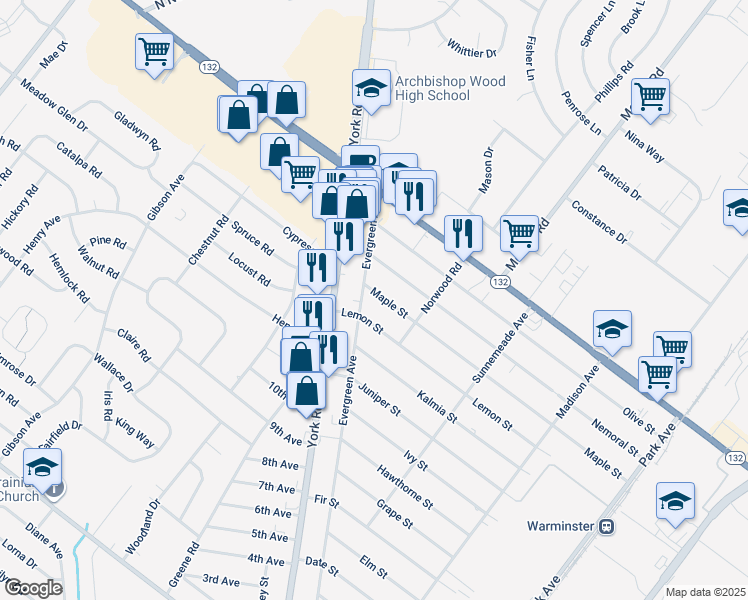 map of restaurants, bars, coffee shops, grocery stores, and more near 577 Maple Street in Warminster
