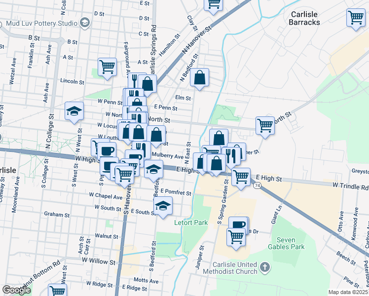 map of restaurants, bars, coffee shops, grocery stores, and more near 111 North East Street in Carlisle