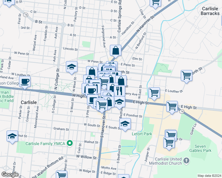 map of restaurants, bars, coffee shops, grocery stores, and more near 4 East Louther Street in Carlisle