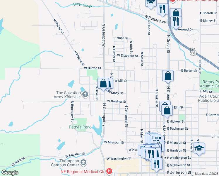 map of restaurants, bars, coffee shops, grocery stores, and more near 1012-1014 North Osteopathy in Kirksville