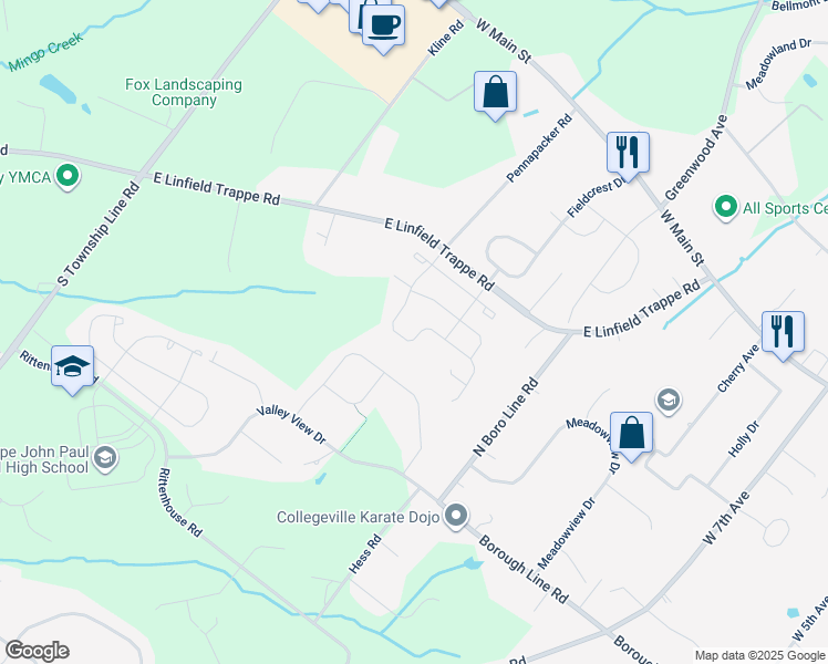 map of restaurants, bars, coffee shops, grocery stores, and more near 351 Ridgewood Drive in Royersford