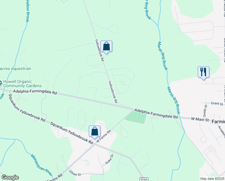 map of restaurants, bars, coffee shops, grocery stores, and more near 171 Yellow Brook Road in Farmingdale
