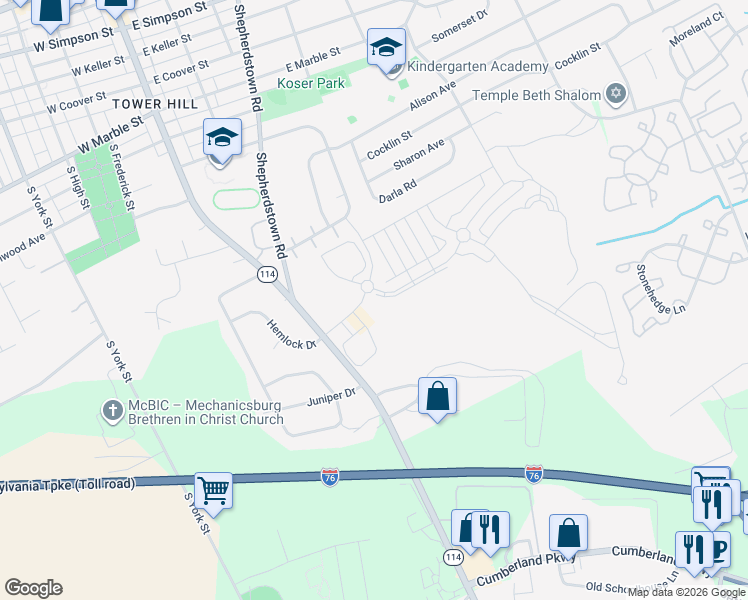 map of restaurants, bars, coffee shops, grocery stores, and more near 100 Edge Towne Lane in Mechanicsburg