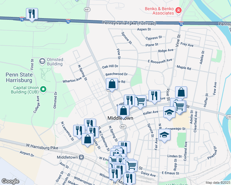 map of restaurants, bars, coffee shops, grocery stores, and more near 22 Park Circle Road in Middletown