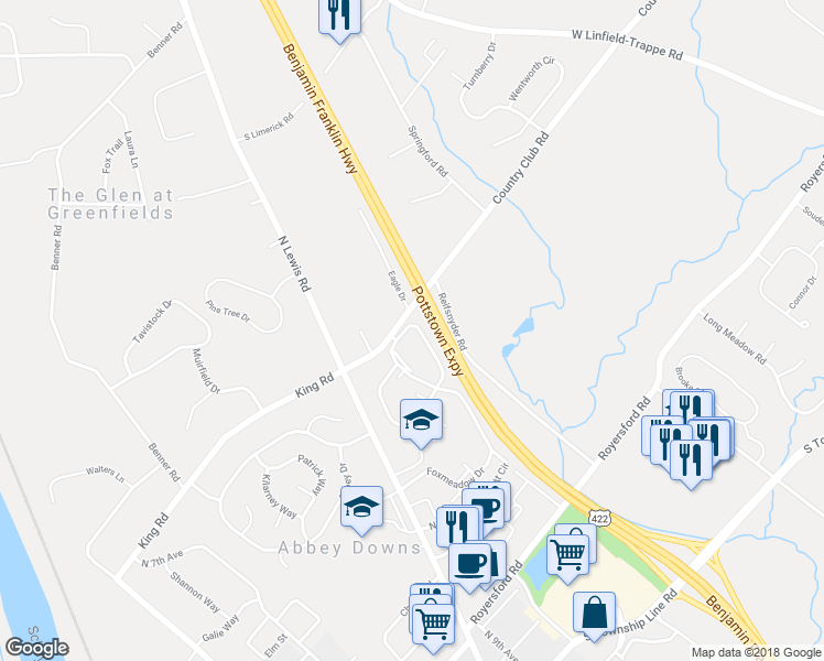 map of restaurants, bars, coffee shops, grocery stores, and more near 2402 Foxmeadow Circle in Royersford