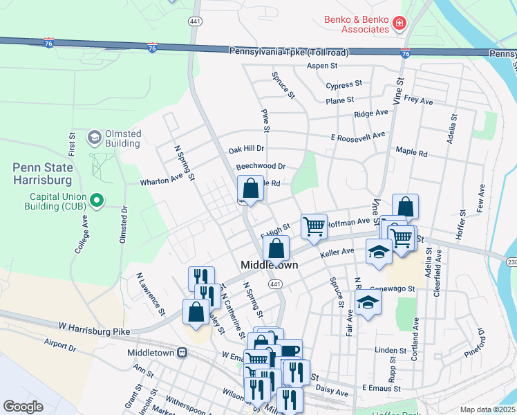 map of restaurants, bars, coffee shops, grocery stores, and more near 22 Park Circle Road in Middletown
