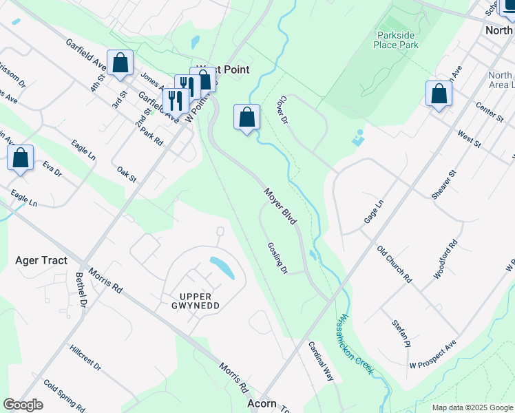 map of restaurants, bars, coffee shops, grocery stores, and more near 384 Gosling Drive in North Wales
