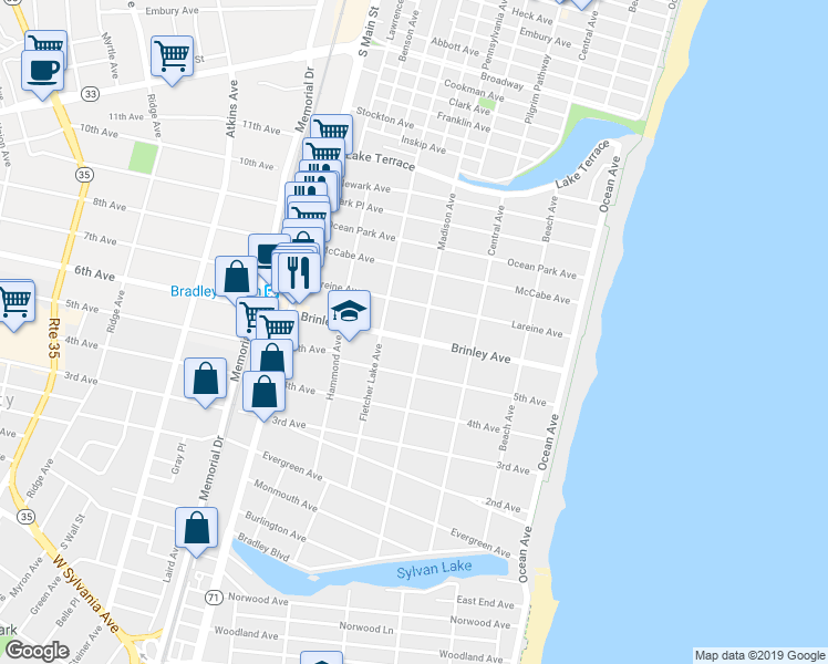 map of restaurants, bars, coffee shops, grocery stores, and more near 402 Brinley Avenue in Bradley Beach