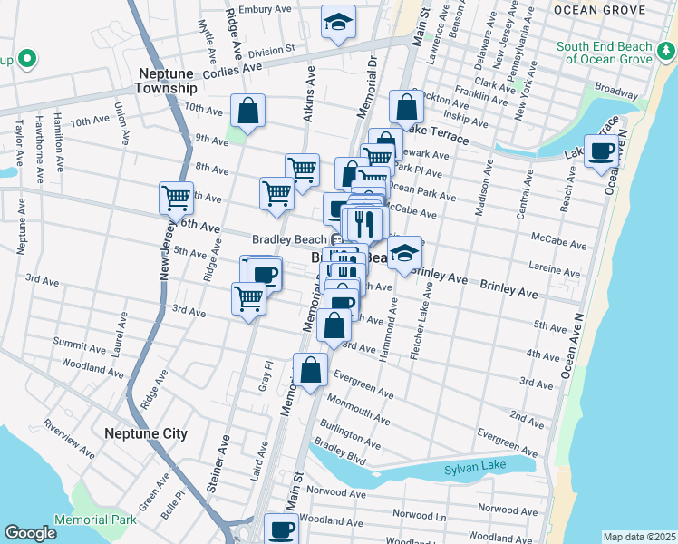 map of restaurants, bars, coffee shops, grocery stores, and more near in Bradley Beach