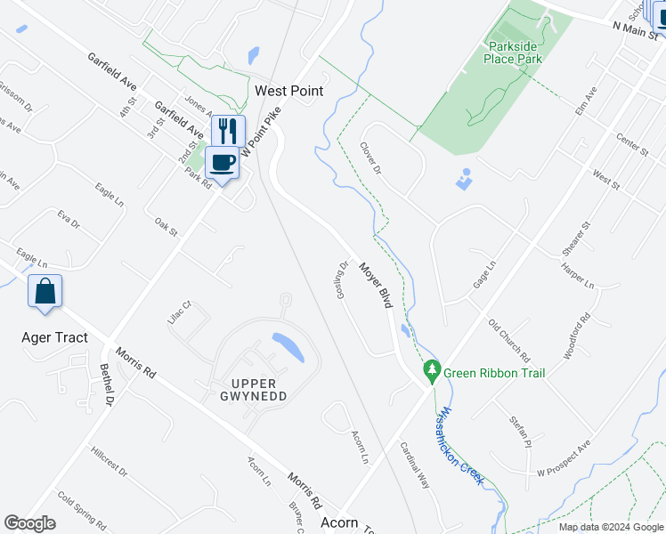 map of restaurants, bars, coffee shops, grocery stores, and more near 384 Gosling Drive in North Wales