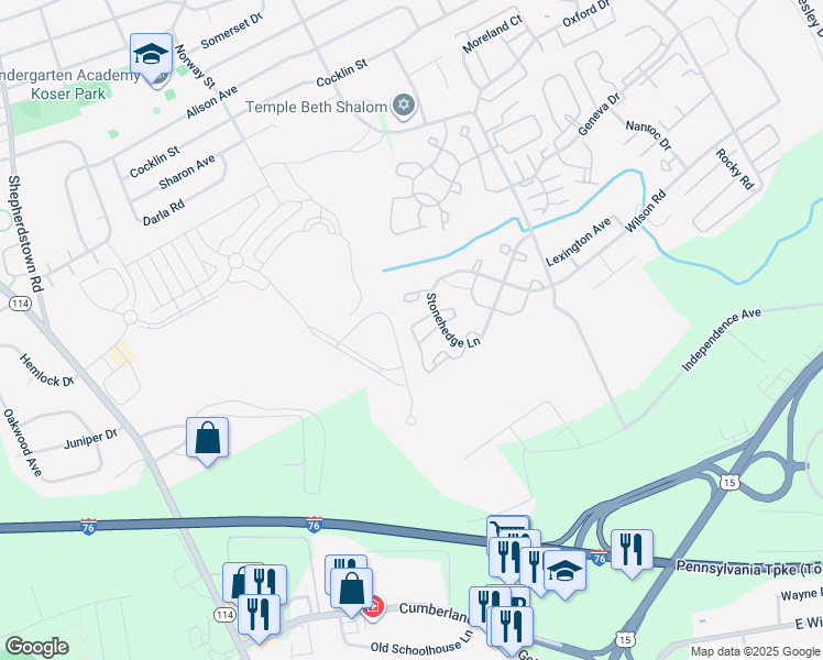 map of restaurants, bars, coffee shops, grocery stores, and more near 360 Stonehedge Lane in Mechanicsburg