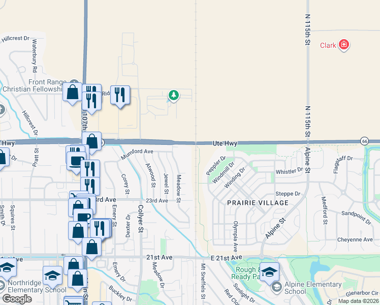 map of restaurants, bars, coffee shops, grocery stores, and more near 8 Mumford Place in Longmont
