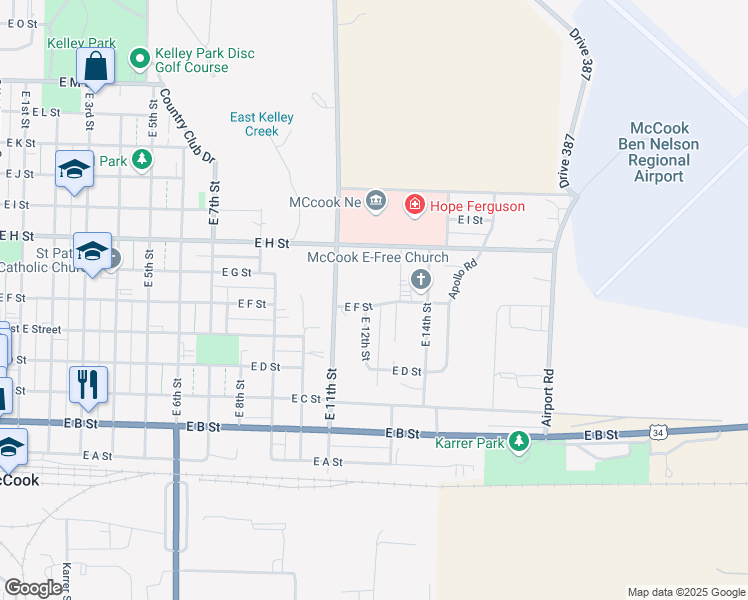 map of restaurants, bars, coffee shops, grocery stores, and more near 1301 East F Street in McCook