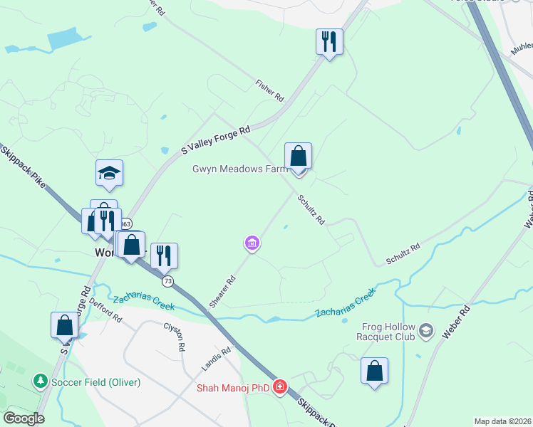 map of restaurants, bars, coffee shops, grocery stores, and more near 2047 Shearer Road in Lansdale