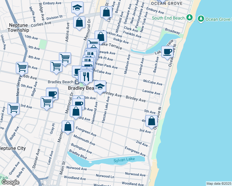 map of restaurants, bars, coffee shops, grocery stores, and more near 406 Brinley Avenue in Bradley Beach
