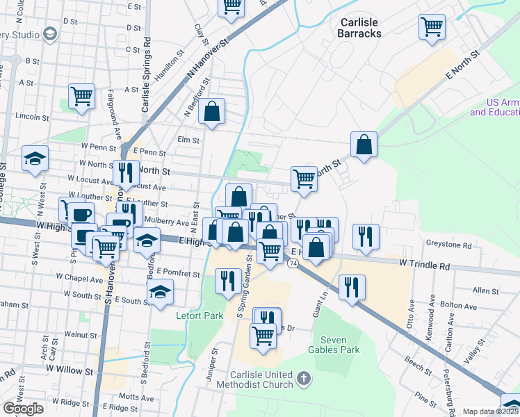 map of restaurants, bars, coffee shops, grocery stores, and more near 135 North Spring Garden Street in Carlisle