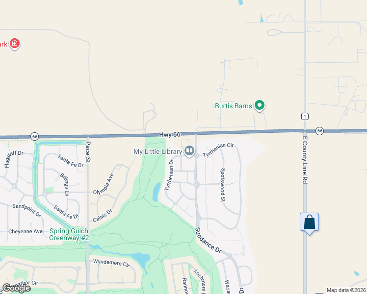 map of restaurants, bars, coffee shops, grocery stores, and more near 2424 Tyrrhenian Drive in Longmont