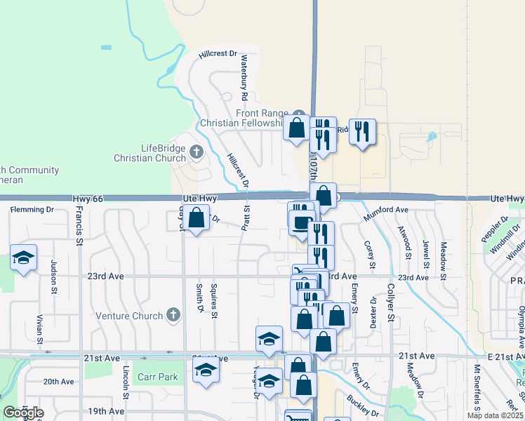 map of restaurants, bars, coffee shops, grocery stores, and more near 2444 Pratt Street in Longmont