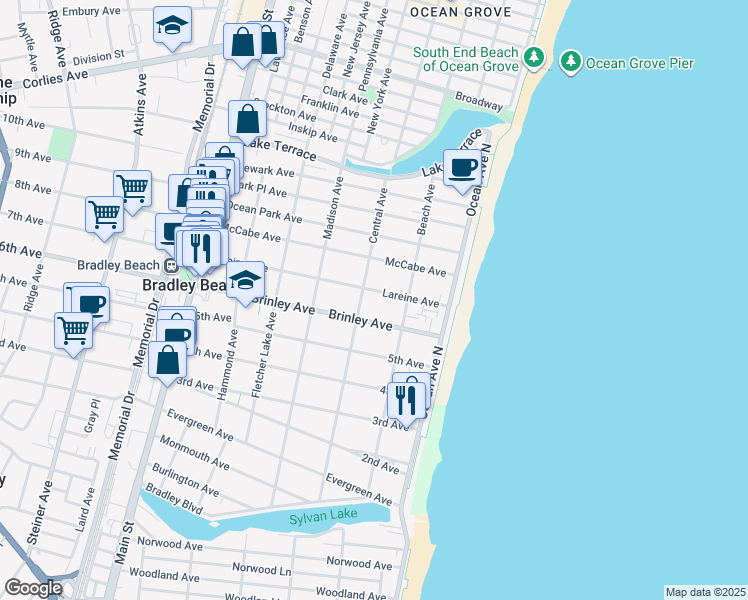 map of restaurants, bars, coffee shops, grocery stores, and more near 214 Lareine Avenue in Bradley Beach