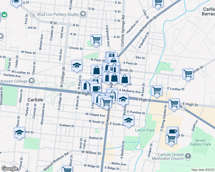 map of restaurants, bars, coffee shops, grocery stores, and more near 28 West Louther Street in Carlisle