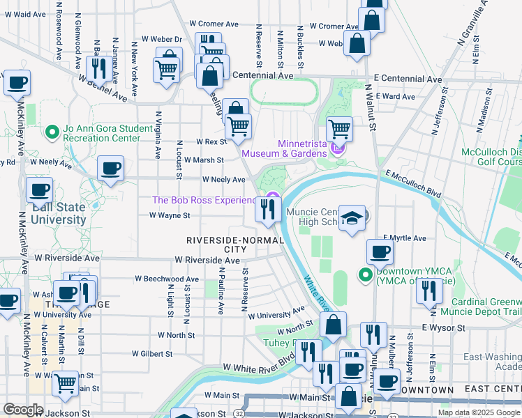 map of restaurants, bars, coffee shops, grocery stores, and more near 1015 Wheeling Avenue in Muncie