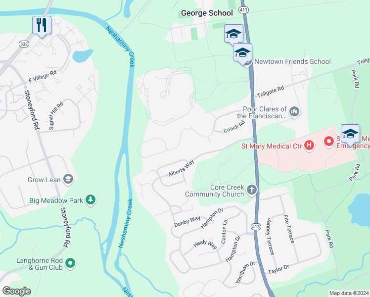 map of restaurants, bars, coffee shops, grocery stores, and more near 406 Green Valley Road in Langhorne