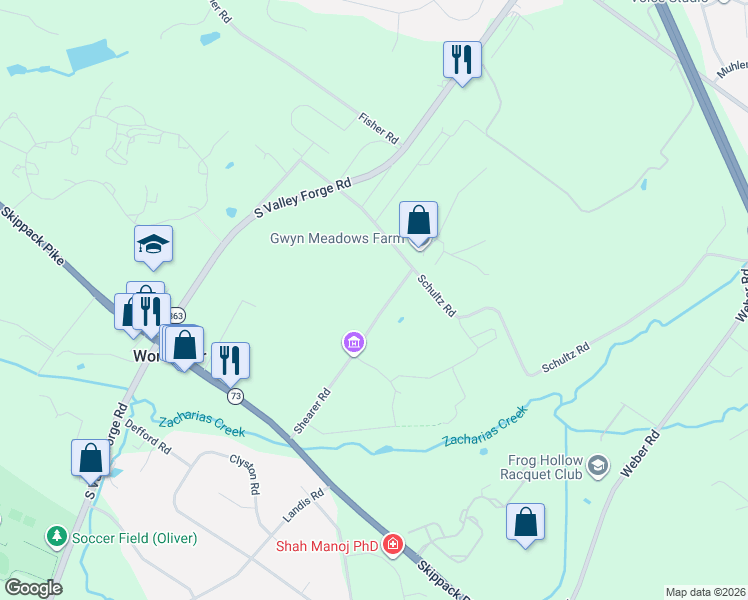 map of restaurants, bars, coffee shops, grocery stores, and more near 2047 Shearer Road in Lansdale