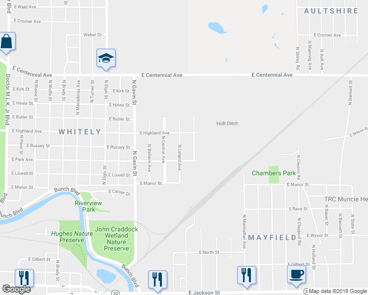 map of restaurants, bars, coffee shops, grocery stores, and more near 1014 North Leland Avenue in Muncie