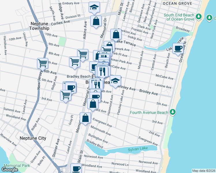 map of restaurants, bars, coffee shops, grocery stores, and more near in Bradley Beach