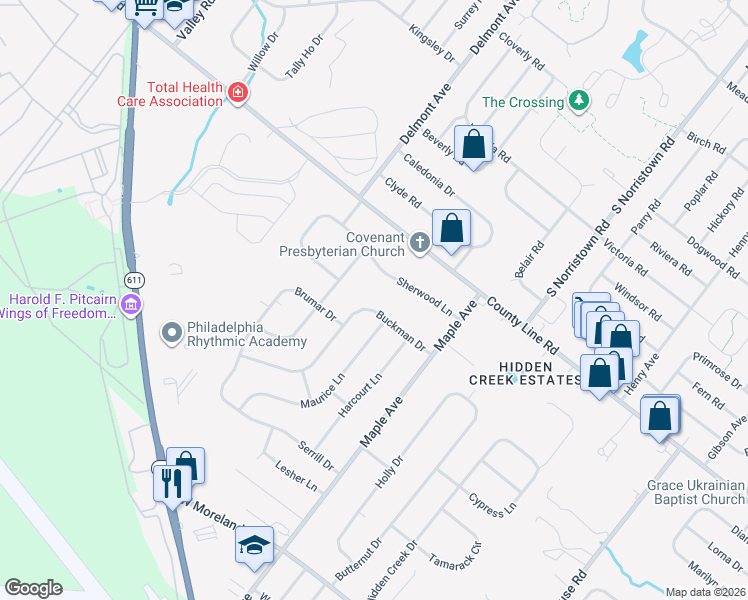 map of restaurants, bars, coffee shops, grocery stores, and more near 525 Sherwood Lane in Hatboro