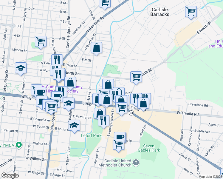 map of restaurants, bars, coffee shops, grocery stores, and more near 134 North Spring Garden Street in Carlisle