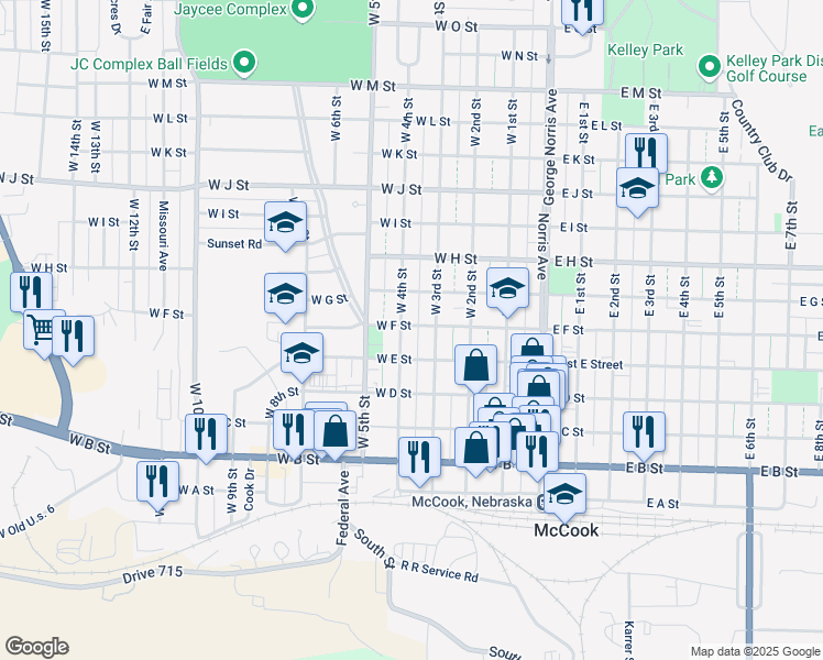 map of restaurants, bars, coffee shops, grocery stores, and more near 401-499 West F Street in McCook