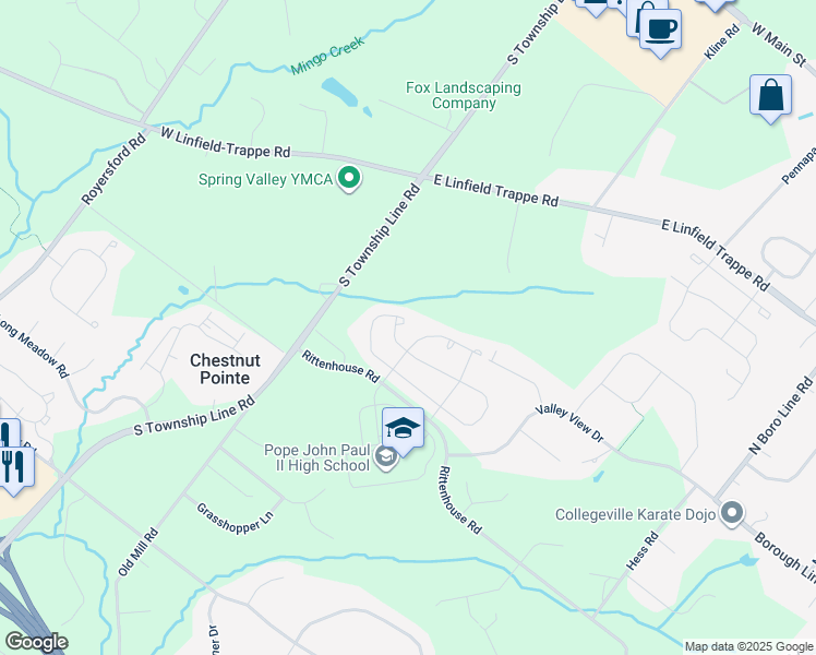 map of restaurants, bars, coffee shops, grocery stores, and more near 210 Fairfield Circle West in Royersford