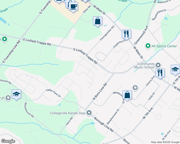 map of restaurants, bars, coffee shops, grocery stores, and more near 199 Spring lane in Royersford