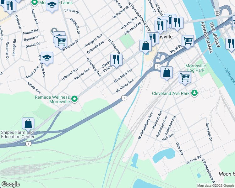 map of restaurants, bars, coffee shops, grocery stores, and more near 457 McKinley Avenue in Morrisville