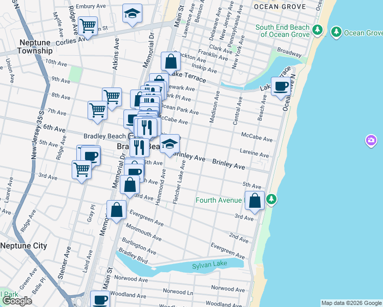 map of restaurants, bars, coffee shops, grocery stores, and more near 605 1/2 Fletcher Lake Avenue in Bradley Beach