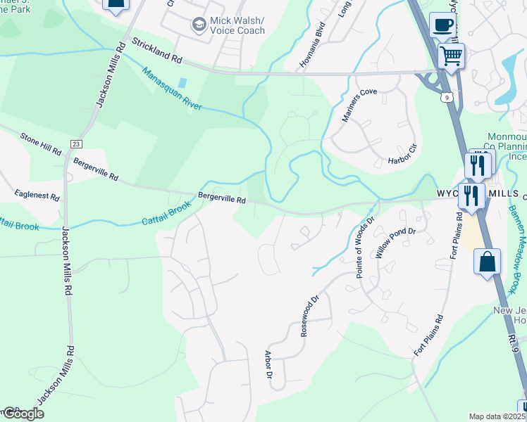 map of restaurants, bars, coffee shops, grocery stores, and more near 55 Bergerville Road in Freehold Township