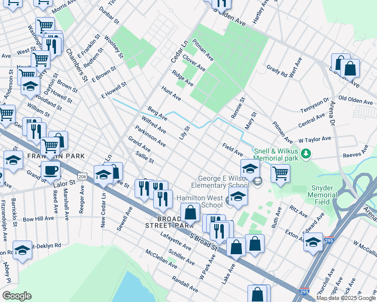 map of restaurants, bars, coffee shops, grocery stores, and more near 225 Wilfred Avenue in Hamilton Township