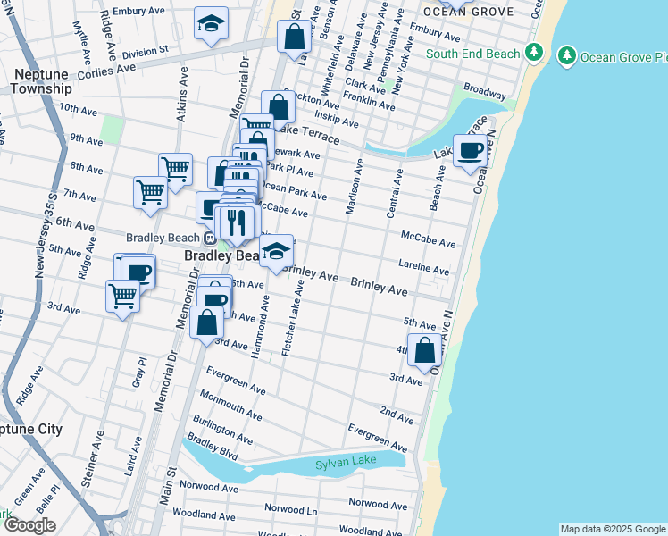 map of restaurants, bars, coffee shops, grocery stores, and more near 607 Madison Avenue in Bradley Beach