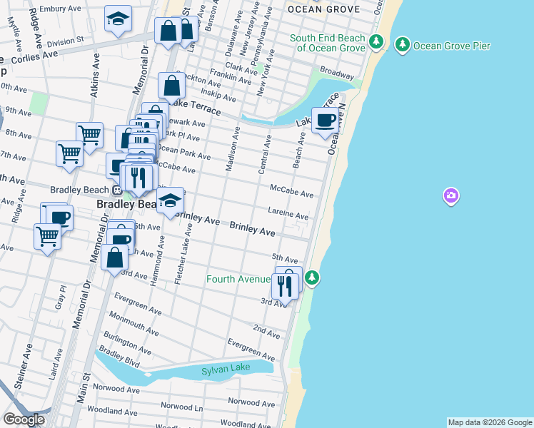 map of restaurants, bars, coffee shops, grocery stores, and more near 214 Lareine Avenue in Bradley Beach