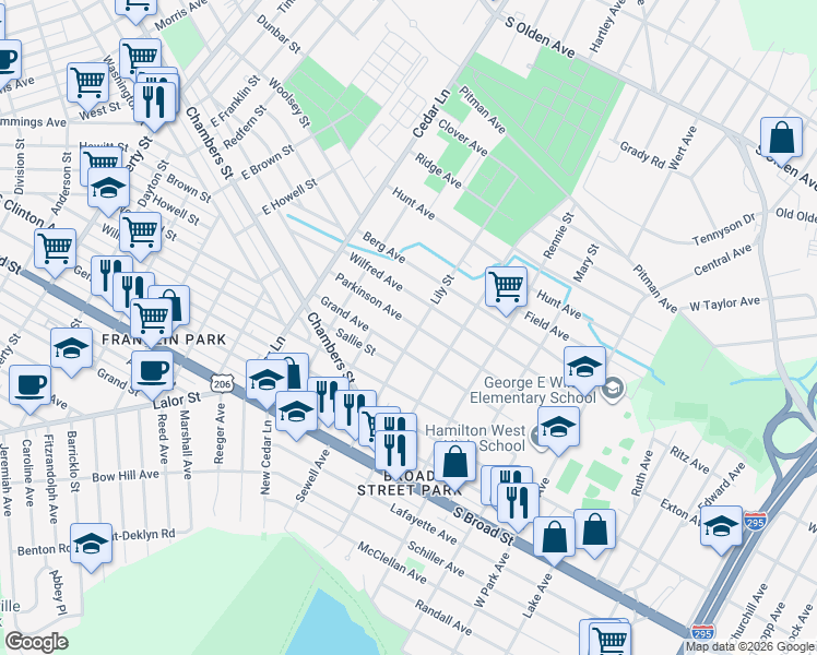 map of restaurants, bars, coffee shops, grocery stores, and more near 182 Parkinson Avenue in Hamilton Township