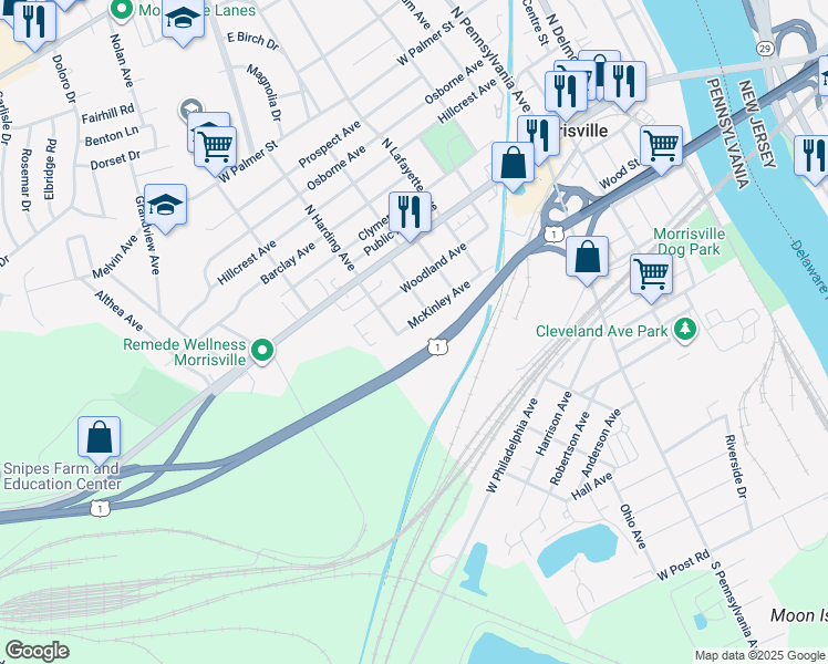 map of restaurants, bars, coffee shops, grocery stores, and more near 457 McKinley Avenue in Morrisville